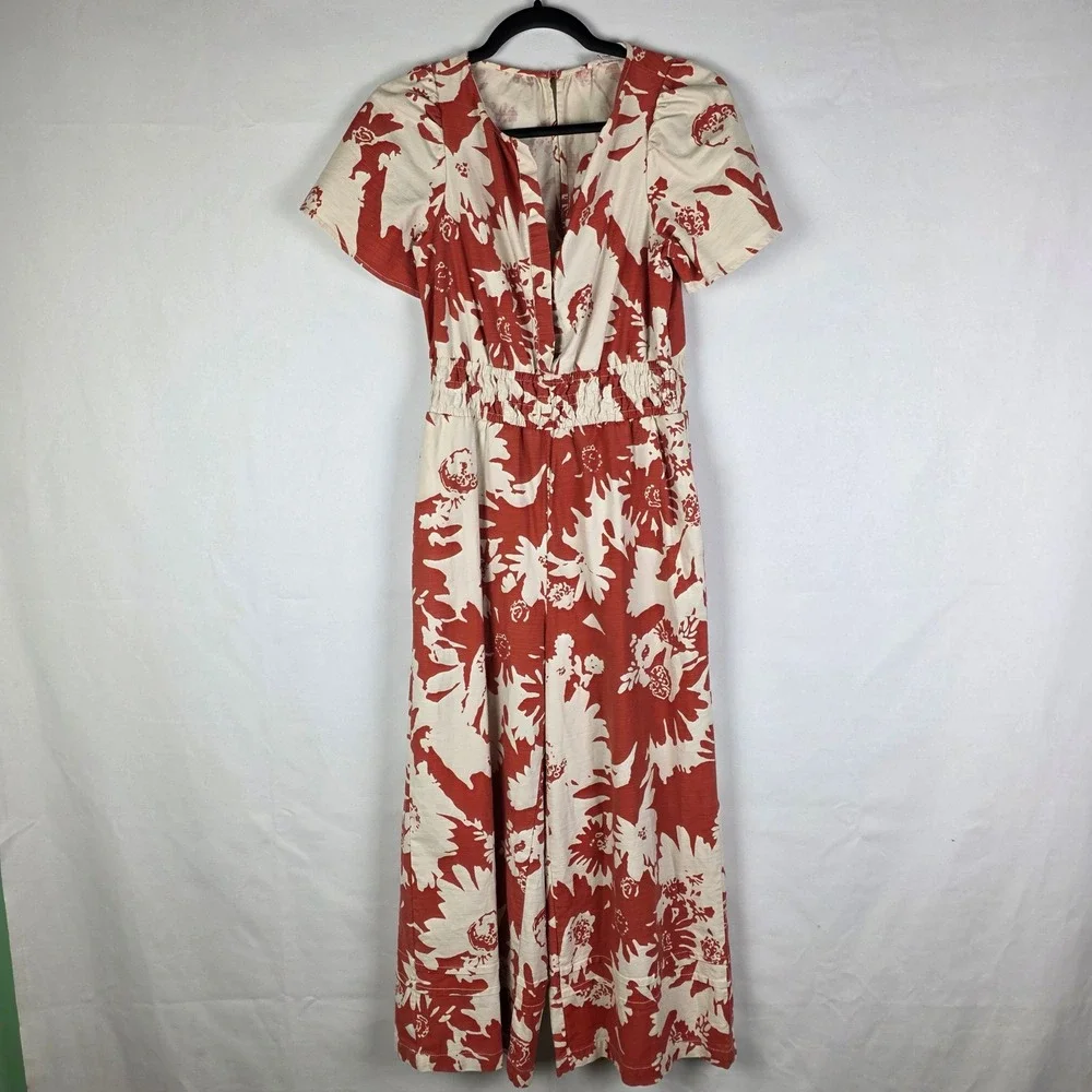 Anthropologie Rust Floral Wide Leg Jumpsuit XXS V-Neck Smocked Waist OB1673099 - Picture 2 of 9